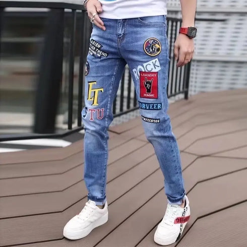 Slim Fit Korean Streetwear Graphical Printed Luxury Hip-Hop Stretch Denim Jeans for Men - Perfect Medium Wash Jeans Outfit